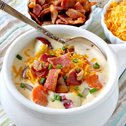 Loaded Baked Potato Soup | Can't Stay Out of the Kitchen | This #Disney copycat recipe is one of the most awesome #soup recipes ever. Loaded with #bacon, #cheddarcheese and red #potatoes.