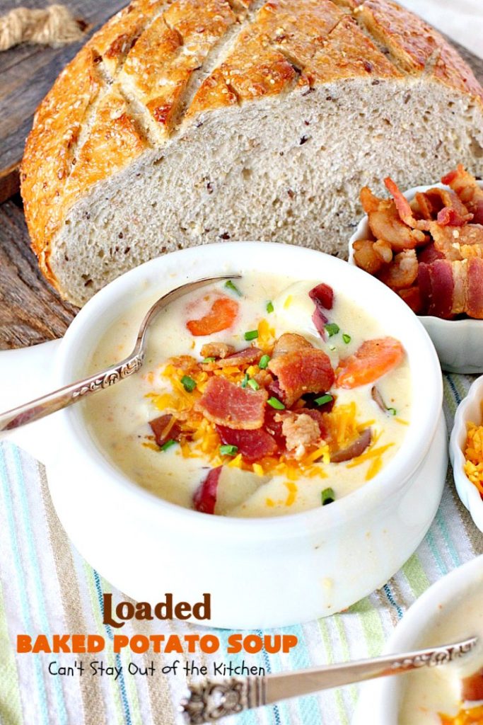 Loaded Baked Potato Soup | Can't Stay Out of the Kitchen | This #Disney copycat recipe is one of the most awesome #soup recipes ever. Loaded with #bacon, #cheddarcheese and red #potatoes.
