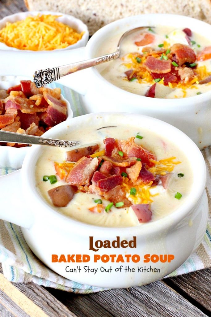 Loaded Baked Potato Soup | Can't Stay Out of the Kitchen | This #Disney copycat recipe is one of the most awesome #soup recipes ever. Loaded with #bacon, #cheddarcheese and red #potatoes. 