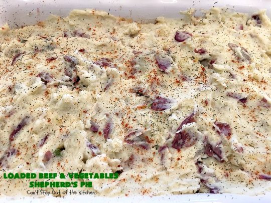 Loaded Beef and Vegetables Shepherd's Pie | Can't Stay Out of the Kitchen | this #casserole is an amazing #shepherdspie recipe. It makes 2 casseroles. One for now and one to freeze for later. #beef #cheese #glutenfree #shepherdspie #mashedpotatoes 