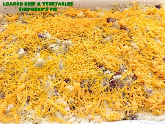 Loaded Beef and Vegetables Shepherd's Pie | Can't Stay Out of the Kitchen | this #casserole is an amazing #shepherdspie recipe. It makes 2 casseroles. One for now and one to freeze for later. #beef #cheese #glutenfree #shepherdspie #mashedpotatoes 