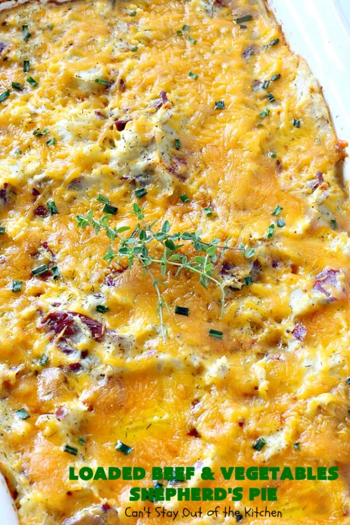 Loaded Beef and Vegetables Shepherd's Pie | Can't Stay Out of the Kitchen | this #casserole is an amazing #shepherdspie recipe. It makes 2 casseroles. One for now and one to freeze for later. #beef #cheese #glutenfree #shepherdspie #mashedpotatoes