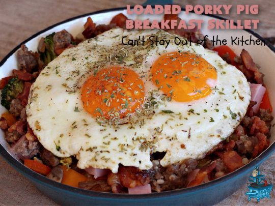 Loaded Porky Pig Breakfast Skillet | Can't Stay Out of the Kitchen | this fantastic #BreakfastSkillet includes #ham, #sausage & #bacon along with lots of fresh veggies, two kinds of #cheese, #HashBrowns & #eggs. It's irresistible & mouthwatering along with being a very filling and satisfying #breakfast entree for weekends or #holidays. If you enjoy big breakfasts, this one can't be beat! #LoadedPorkyPigBreakfastSkillet #pork #SkilletBreakfast #MontereyJackCheese #CheddarCheese