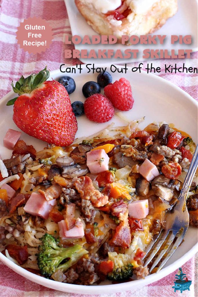 Loaded Porky Pig Breakfast Skillet | Can't Stay Out of the Kitchen | this fantastic #BreakfastSkillet includes #ham, #sausage & #bacon along with lots of fresh veggies, two kinds of #cheese, #HashBrowns & #eggs. It's irresistible & mouthwatering along with being a very filling and satisfying #breakfast entree for weekends or #holidays. If you enjoy big breakfasts, this one can't be beat! #LoadedPorkyPigBreakfastSkillet #pork #SkilletBreakfast #MontereyJackCheese #CheddarCheese