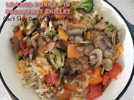 Loaded Porky Pig Breakfast Skillet | Can't Stay Out of the Kitchen | this fantastic #BreakfastSkillet includes #ham, #sausage & #bacon along with lots of fresh veggies, two kinds of #cheese, #HashBrowns & #eggs. It's irresistible & mouthwatering along with being a very filling and satisfying #breakfast entree for weekends or #holidays. If you enjoy big breakfasts, this one can't be beat! #LoadedPorkyPigBreakfastSkillet #pork #SkilletBreakfast #MontereyJackCheese #CheddarCheese