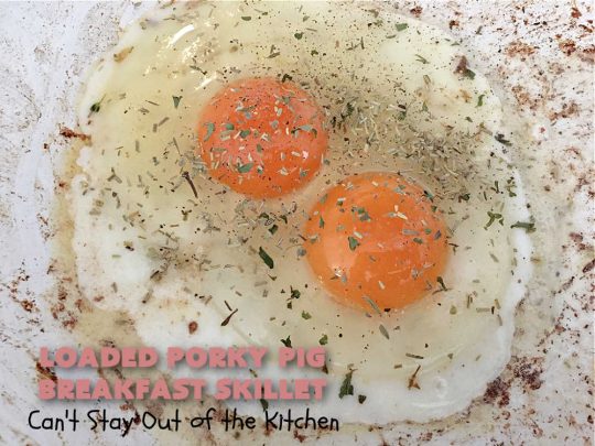 Loaded Porky Pig Breakfast Skillet | Can't Stay Out of the Kitchen | this fantastic #BreakfastSkillet includes #ham, #sausage & #bacon along with lots of fresh veggies, two kinds of #cheese, #HashBrowns & #eggs. It's irresistible & mouthwatering along with being a very filling and satisfying #breakfast entree for weekends or #holidays. If you enjoy big breakfasts, this one can't be beat! #LoadedPorkyPigBreakfastSkillet #pork #SkilletBreakfast #MontereyJackCheese #CheddarCheese