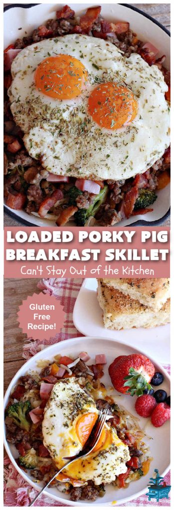 Loaded Porky Pig Breakfast Skillet | Can't Stay Out of the Kitchen | this fantastic #BreakfastSkillet includes #ham, #sausage & #bacon along with lots of fresh veggies, two kinds of #cheese, #HashBrowns & #eggs. It's irresistible & mouthwatering along with being a very filling and satisfying #breakfast entree for weekends or #holidays. If you enjoy big breakfasts, this one can't be beat! #LoadedPorkyPigBreakfastSkillet #pork #SkilletBreakfast #MontereyJackCheese #CheddarCheese