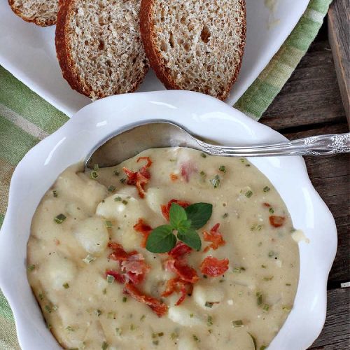Loaded Potato Soup | Can't Stay Out of the Kitchen | this fantastic #PotatoSoup #recipe includes #potatoes, #bacon, #chives & #CreamCheese. It's heavenly & the perfect dinner entree for fall or winter nights. You'll find this #soup mouthwatering & irresistible! #LoadedPotatoSoup