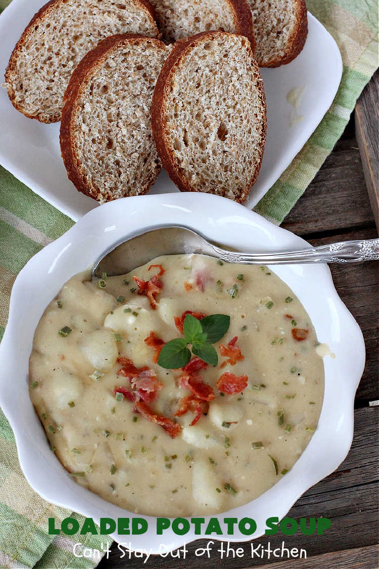 Loaded Potato Soup | Can't Stay Out of the Kitchen | this fantastic #PotatoSoup #recipe includes #potatoes, #bacon, #chives & #CreamCheese. It's heavenly & the perfect dinner entree for fall or winter nights. You'll find this #soup mouthwatering & irresistible! #LoadedPotatoSoup