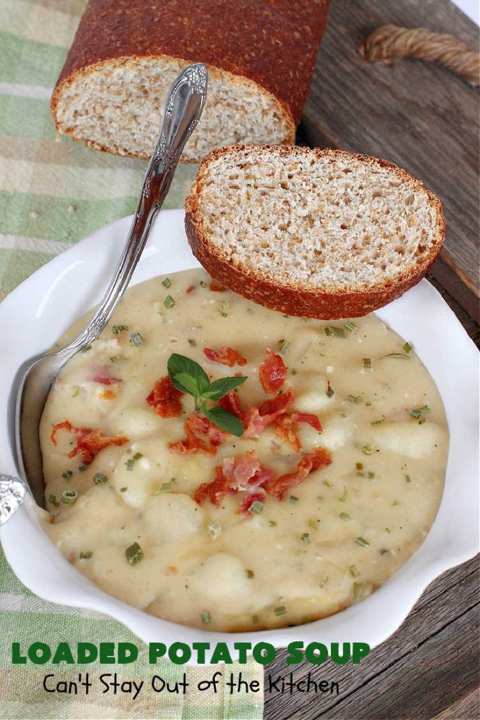 Loaded Potato Soup | Can't Stay Out of the Kitchen | this fantastic #PotatoSoup #recipe includes #potatoes, #bacon, #chives & #CreamCheese. It's heavenly & the perfect dinner entree for fall or winter nights. You'll find this #soup mouthwatering & irresistible! #LoadedPotatoSoup