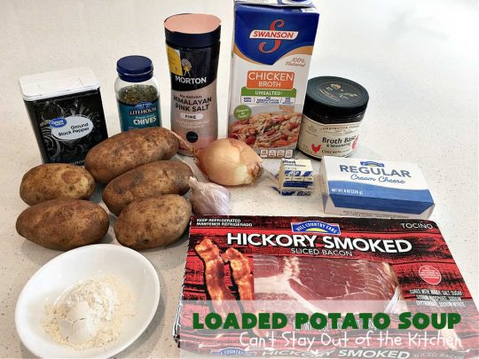 Loaded Potato Soup | Can't Stay Out of the Kitchen | this fantastic #PotatoSoup #recipe includes #potatoes, #bacon, #chives & #CreamCheese. It's heavenly & the perfect dinner entree for fall or winter nights. You'll find this #soup mouthwatering & irresistible! #LoadedPotatoSoup