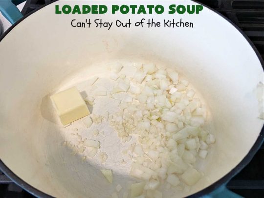 Loaded Potato Soup | Can't Stay Out of the Kitchen | this fantastic #PotatoSoup #recipe includes #potatoes, #bacon, #chives & #CreamCheese. It's heavenly & the perfect dinner entree for fall or winter nights. You'll find this #soup mouthwatering & irresistible! #LoadedPotatoSoup