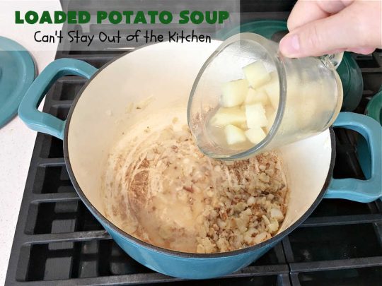 Loaded Potato Soup | Can't Stay Out of the Kitchen | this fantastic #PotatoSoup #recipe includes #potatoes, #bacon, #chives & #CreamCheese. It's heavenly & the perfect dinner entree for fall or winter nights. You'll find this #soup mouthwatering & irresistible! #LoadedPotatoSoup