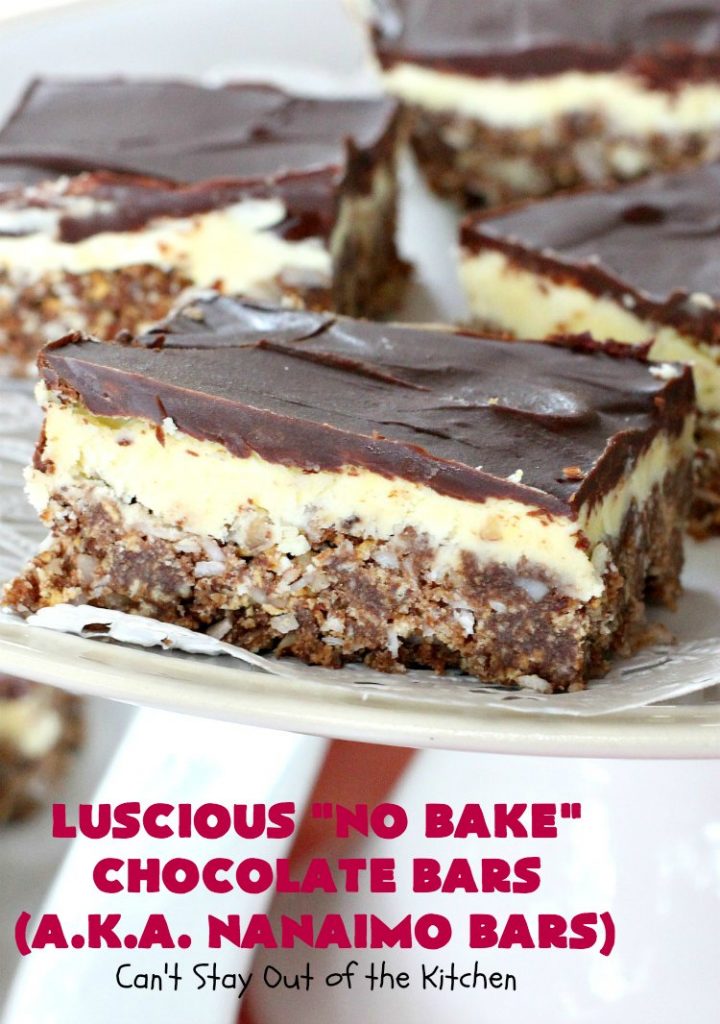 Luscious No Bake Chocolate Bars - Nanaimo Bars | Can't Stay Out of the Kitchen | this #dessert is sinfully rich & so decadent. Every bite will have you drooling. It's the perfect #brownie to wow your family & friends. #FathersDay #FathersDayDessert #Chocolate #cookie #ChocolateDessert #NanaimoBars #Canada #coconut #NoBakeDessert #LusciousNoBakeChocolateBars #holiday #HolidayDessert