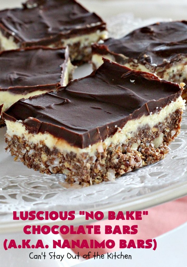 Luscious No Bake Chocolate Bars - Nanaimo Bars | Can't Stay Out of the Kitchen | this #dessert is sinfully rich & so decadent. Every bite will have you drooling. It's the perfect #brownie to wow your family & friends. #FathersDay #FathersDayDessert #Chocolate #cookie #ChocolateDessert #NanaimoBars #Canada #coconut #NoBakeDessert #LusciousNoBakeChocolateBars #holiday #HolidayDessert