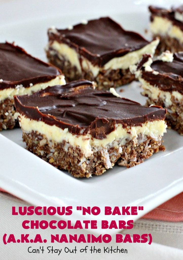 Luscious No Bake Chocolate Bars - Nanaimo Bars | Can't Stay Out of the Kitchen | this #dessert is sinfully rich & so decadent. Every bite will have you drooling. It's the perfect #brownie to wow your family & friends. #FathersDay #FathersDayDessert #Chocolate #cookie #ChocolateDessert #NanaimoBars #Canada #coconut #NoBakeDessert #LusciousNoBakeChocolateBars #holiday #HolidayDessert