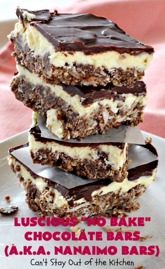 Luscious No Bake Chocolate Bars - Nanaimo Bars | Can't Stay Out of the Kitchen | this #dessert is sinfully rich & so decadent. Every bite will have you drooling. It's the perfect #brownie to wow your family & friends. #FathersDay #FathersDayDessert #Chocolate #cookie #ChocolateDessert #NanaimoBars #Canada #coconut #NoBakeDessert #LusciousNoBakeChocolateBars #holiday #HolidayDessert