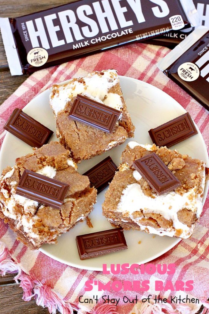 Luscious S'Mores Bars | Can't Stay Out of the Kitchen | these spectacular #Smores #cookies are heavenly. Every bite will have you drooling! They have a #grahamcracker crust layer, a #Hersheys #chocolate layer, a #marshmallowcream layer & topped with another graham cracker layer. Fantastic #dessert for any occasion. #tailgating #SmoresDessert #chocolatedessert #brownie