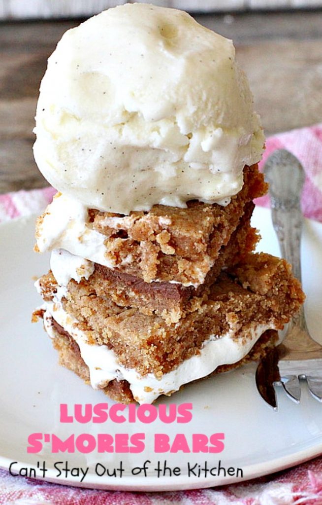 Luscious S'Mores Bars | Can't Stay Out of the Kitchen | these spectacular #Smores #cookies are heavenly. Every bite will have you drooling! They have a #grahamcracker crust layer, a #Hersheys #chocolate layer, a #marshmallowcream layer & topped with another graham cracker layer. Fantastic #dessert for any occasion. #tailgating #SmoresDessert #chocolatedessert #brownie