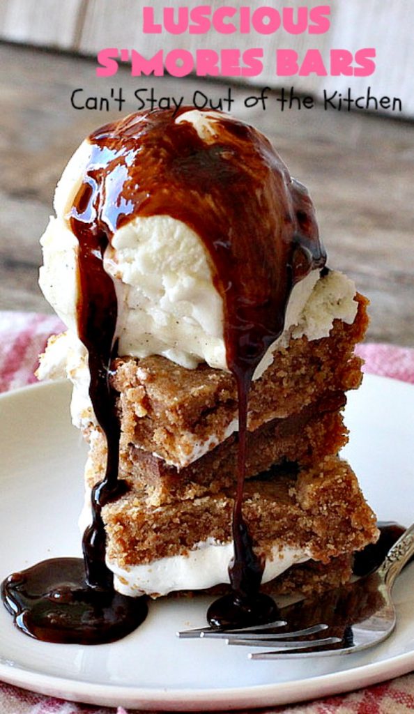 Luscious S'Mores Bars | Can't Stay Out of the Kitchen | these spectacular #Smores #cookies are heavenly. Every bite will have you drooling! They have a #grahamcracker crust layer, a #Hersheys #chocolate layer, a #marshmallowcream layer & topped with another graham cracker layer. Fantastic #dessert for any occasion. #tailgating #SmoresDessert #chocolatedessert #brownie