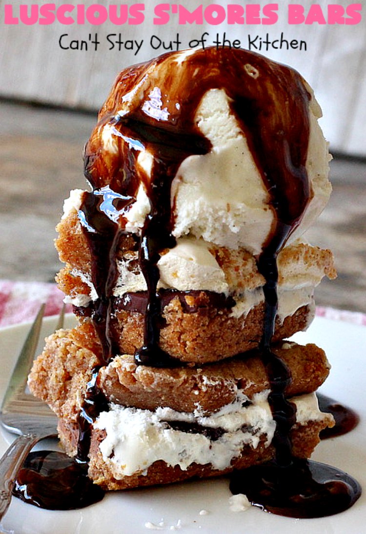 Luscious S'Mores Bars | Can't Stay Out of the Kitchen | these spectacular #Smores #cookies are heavenly. Every bite will have you drooling! They have a #grahamcracker crust layer, a #Hersheys #chocolate layer, a #marshmallowcream layer & topped with another graham cracker layer. Fantastic #dessert for any occasion. #tailgating #SmoresDessert #chocolatedessert #brownie