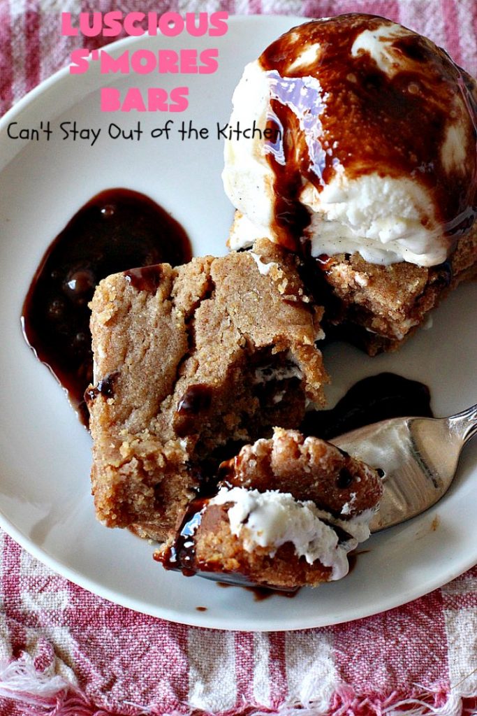 Luscious S'Mores Bars | Can't Stay Out of the Kitchen | these spectacular #Smores #cookies are heavenly. Every bite will have you drooling! They have a #grahamcracker crust layer, a #Hersheys #chocolate layer, a #marshmallowcream layer & topped with another graham cracker layer. Fantastic #dessert for any occasion. #tailgating #SmoresDessert #chocolatedessert #brownie