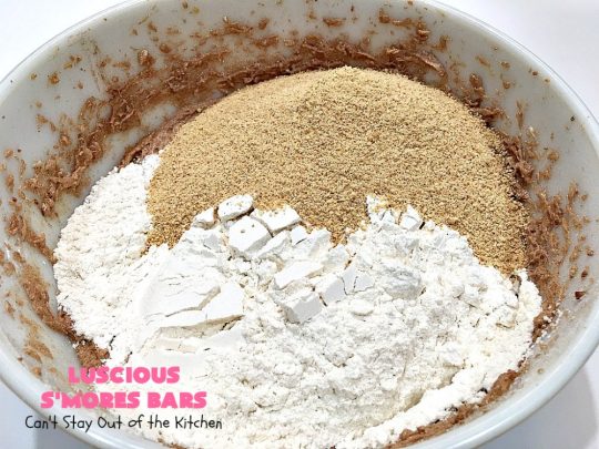 Luscious S'Mores Bars | Can't Stay Out of the Kitchen | these spectacular #Smores #cookies are heavenly. Every bite will have you drooling! They have a #grahamcracker crust layer, a #Hersheys #chocolate layer, a #marshmallowcream layer & topped with another graham cracker layer. Fantastic #dessert for any occasion. #tailgating #SmoresDessert #chocolatedessert #brownie