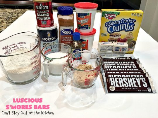 Luscious S'Mores Bars | Can't Stay Out of the Kitchen | these spectacular #Smores #cookies are heavenly. Every bite will have you drooling! They have a #grahamcracker crust layer, a #Hersheys #chocolate layer, a #marshmallowcream layer & topped with another graham cracker layer. Fantastic #dessert for any occasion. #tailgating #SmoresDessert #chocolatedessert #brownie