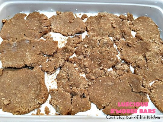 Luscious S'Mores Bars | Can't Stay Out of the Kitchen | these spectacular #Smores #cookies are heavenly. Every bite will have you drooling! They have a #grahamcracker crust layer, a #Hersheys #chocolate layer, a #marshmallowcream layer & topped with another graham cracker layer. Fantastic #dessert for any occasion. #tailgating #SmoresDessert #chocolatedessert #brownie