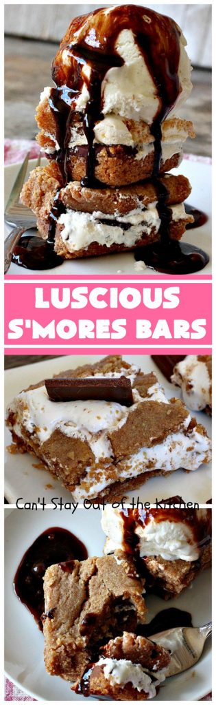 Luscious S'Mores Bars | Can't Stay Out of the Kitchen | these spectacular #Smores #cookies are heavenly. Every bite will have you drooling! They have a #grahamcracker crust layer, a #Hersheys #chocolate layer, a #marshmallowcream layer & topped with another graham cracker layer. Fantastic #dessert for any occasion. #tailgating #SmoresDessert #chocolatedessert #brownie