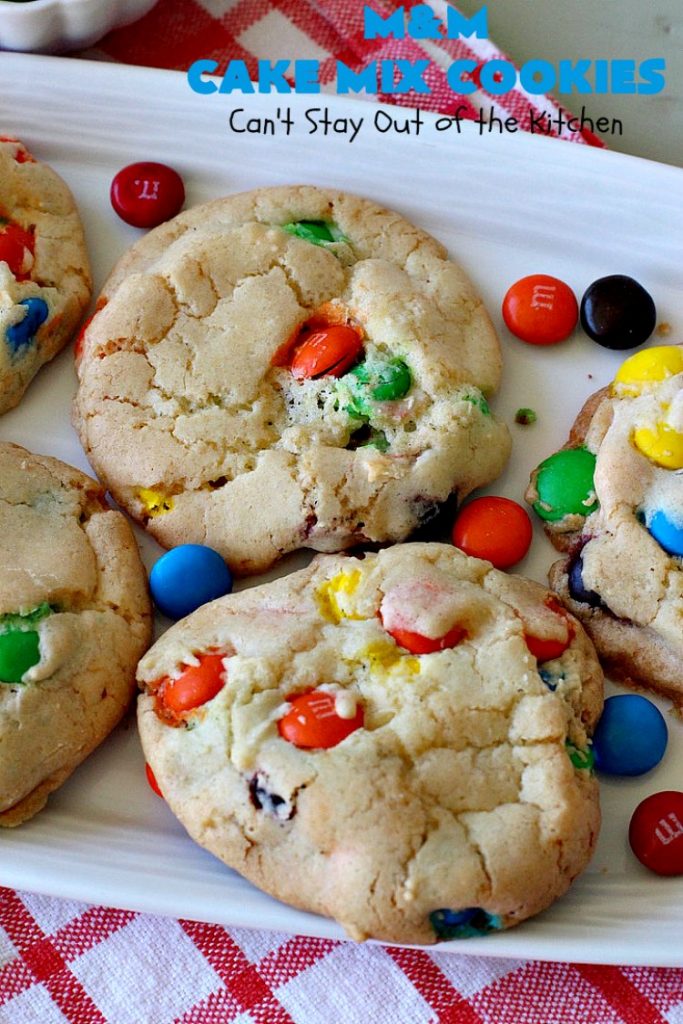 M&M Cake Mix Cookies | Can't Stay Out of the Kitchen | These delectable 5-ingredient #cookies are so quick & easy to make. They're filled with #MMs & start with a #CakeMix. Perfect for #ValentinesDay, #tailgating parties, potlucks or any gathering with friends. #MMDessert #HolidayDessert #ValentinesDayDessert #ChocolateDessert #CakeMixDessert #MMCakeMixCookies #chocolate #dessert