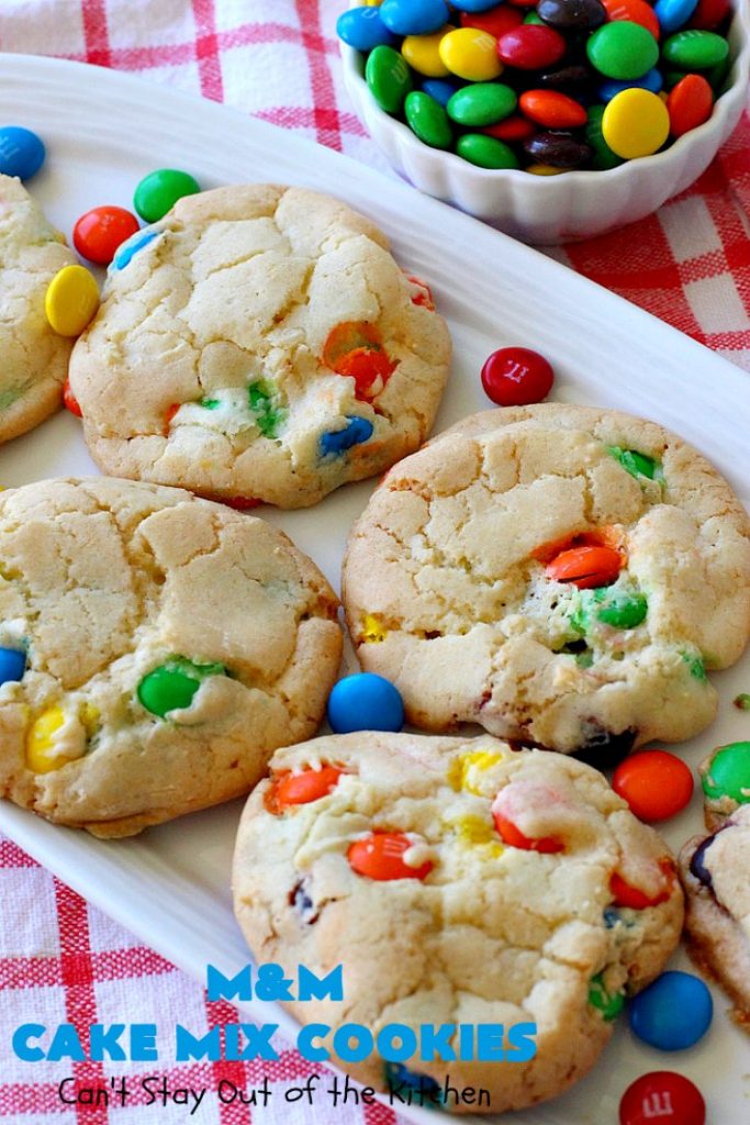 M&M Cake Mix Cookies | Can't Stay Out of the Kitchen | These delectable 5-ingredient #cookies are so quick & easy to make. They're filled with #MMs & start with a #CakeMix. Perfect for #ValentinesDay, #tailgating parties, potlucks or any gathering with friends. #MMDessert #HolidayDessert #ValentinesDayDessert #ChocolateDessert #CakeMixDessert #MMCakeMixCookies #chocolate #dessert