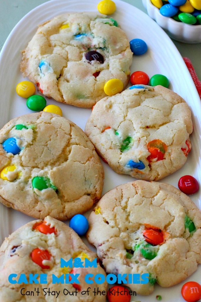 M&M Cake Mix Cookies | Can't Stay Out of the Kitchen | These delectable 5-ingredient #cookies are so quick & easy to make. They're filled with #MMs & start with a #CakeMix. Perfect for #ValentinesDay, #tailgating parties, potlucks or any gathering with friends. #MMDessert #HolidayDessert #ValentinesDayDessert #ChocolateDessert #CakeMixDessert #MMCakeMixCookies #chocolate #dessert
