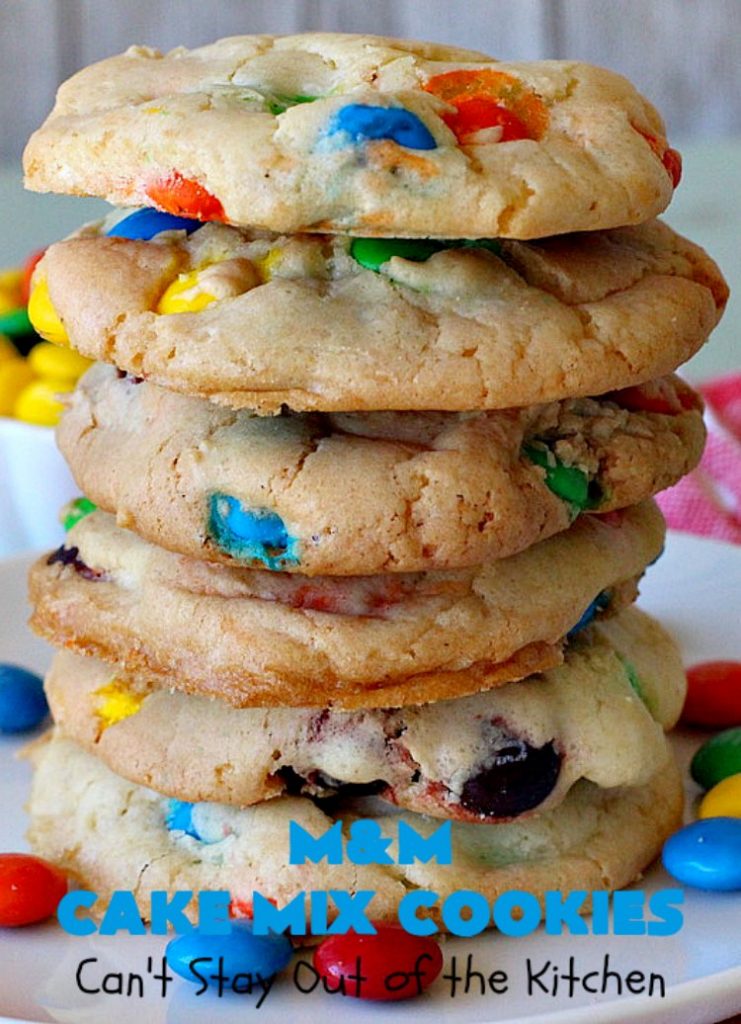 M&M Cake Mix Cookies | Can't Stay Out of the Kitchen | These delectable 5-ingredient #cookies are so quick & easy to make. They're filled with #MMs & start with a #CakeMix. Perfect for #ValentinesDay, #tailgating parties, potlucks or any gathering with friends. #MMDessert #HolidayDessert #ValentinesDayDessert #ChocolateDessert #CakeMixDessert #MMCakeMixCookies #chocolate #dessert