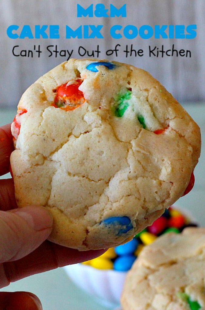M&M Cake Mix Cookies | Can't Stay Out of the Kitchen | These delectable 5-ingredient #cookies are so quick & easy to make. They're filled with #MMs & start with a #CakeMix. Perfect for #ValentinesDay, #tailgating parties, potlucks or any gathering with friends. #MMDessert #HolidayDessert #ValentinesDayDessert #ChocolateDessert #CakeMixDessert #MMCakeMixCookies #chocolate #dessert