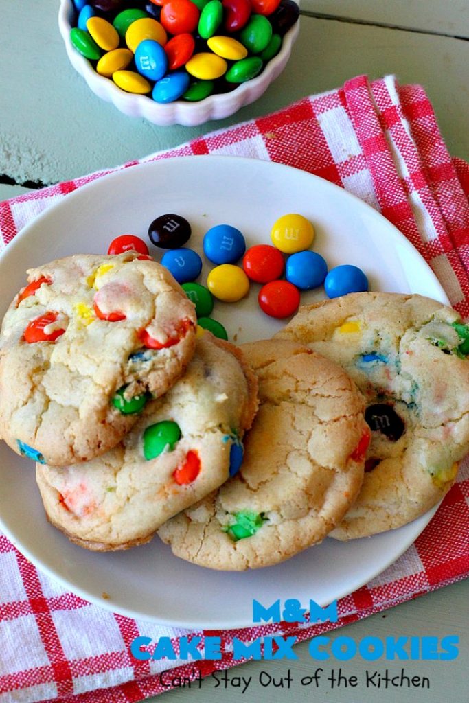 M&M Cake Mix Cookies | Can't Stay Out of the Kitchen | These delectable 5-ingredient #cookies are so quick & easy to make. They're filled with #MMs & start with a #CakeMix. Perfect for #ValentinesDay, #tailgating parties, potlucks or any gathering with friends. #MMDessert #HolidayDessert #ValentinesDayDessert #ChocolateDessert #CakeMixDessert #MMCakeMixCookies #chocolate #dessert