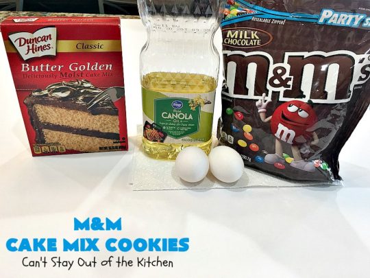 M&M Cake Mix Cookies | Can't Stay Out of the Kitchen | These delectable 5-ingredient #cookies are so quick & easy to make. They're filled with #MMs & start with a #CakeMix. Perfect for #ValentinesDay, #tailgating parties, potlucks or any gathering with friends. #MMDessert #HolidayDessert #ValentinesDayDessert #ChocolateDessert #CakeMixDessert #MMCakeMixCookies #chocolate #dessert