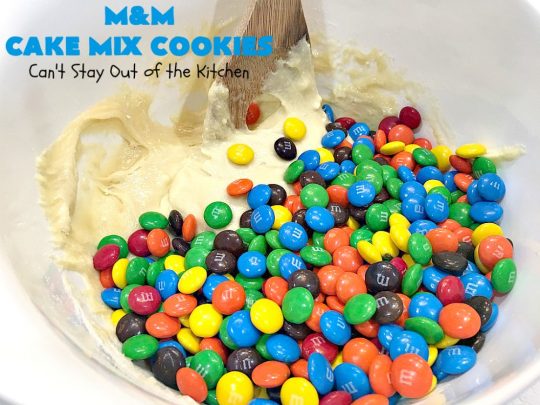 M&M Cake Mix Cookies | Can't Stay Out of the Kitchen | These delectable 5-ingredient #cookies are so quick & easy to make. They're filled with #MMs & start with a #CakeMix. Perfect for #ValentinesDay, #tailgating parties, potlucks or any gathering with friends. #MMDessert #HolidayDessert #ValentinesDayDessert #ChocolateDessert #CakeMixDessert #MMCakeMixCookies #chocolate #dessert