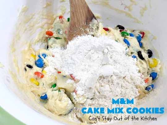 M&M Cake Mix Cookies | Can't Stay Out of the Kitchen | These delectable 5-ingredient #cookies are so quick & easy to make. They're filled with #MMs & start with a #CakeMix. Perfect for #ValentinesDay, #tailgating parties, potlucks or any gathering with friends. #MMDessert #HolidayDessert #ValentinesDayDessert #ChocolateDessert #CakeMixDessert #MMCakeMixCookies #chocolate #dessert