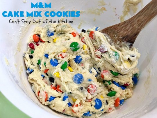 M&M Cake Mix Cookies | Can't Stay Out of the Kitchen | These delectable 5-ingredient #cookies are so quick & easy to make. They're filled with #MMs & start with a #CakeMix. Perfect for #ValentinesDay, #tailgating parties, potlucks or any gathering with friends. #MMDessert #HolidayDessert #ValentinesDayDessert #ChocolateDessert #CakeMixDessert #MMCakeMixCookies #chocolate #dessert