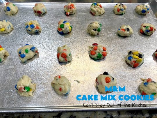 M&M Cake Mix Cookies | Can't Stay Out of the Kitchen | These delectable 5-ingredient #cookies are so quick & easy to make. They're filled with #MMs & start with a #CakeMix. Perfect for #ValentinesDay, #tailgating parties, potlucks or any gathering with friends. #MMDessert #HolidayDessert #ValentinesDayDessert #ChocolateDessert #CakeMixDessert #MMCakeMixCookies #chocolate #dessert