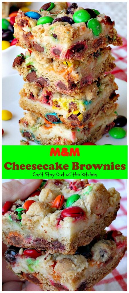 M&M Cheesecake Brownies | Can't Stay Out of the Kitchen | this fantastic #brownie is to die for! A luscious #cheesecake layer is sandwiched between 2 layers of M&M #cookiedough and topped with more #M&Ms. Absolutely divine! #dessert
