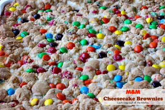 M&M Cheesecake Brownies | Can't Stay Out of the Kitchen | this fantastic #brownie is to die for! A luscious #cheesecake layer is sandwiched between 2 layers of M&M #cookiedough and topped with more #M&Ms. Absolutely divine! #dessert