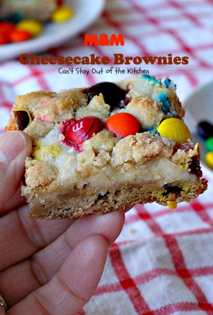 M&M Cheesecake Brownies | Can't Stay Out of the Kitchen | this fantastic #brownie is to die for! A luscious #cheesecake layer is sandwiched between 2 layers of M&M #cookiedough and topped with more #M&Ms. Absolutely divine! #dessert