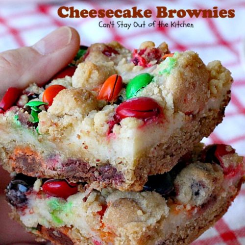 M&M Cheesecake Brownies | Can't Stay Out of the Kitchen | this fantastic #brownie is to die for! A luscious #cheesecake layer is sandwiched between 2 layers of M&M #cookiedough and topped with more #M&Ms. Absolutely divine! #dessert