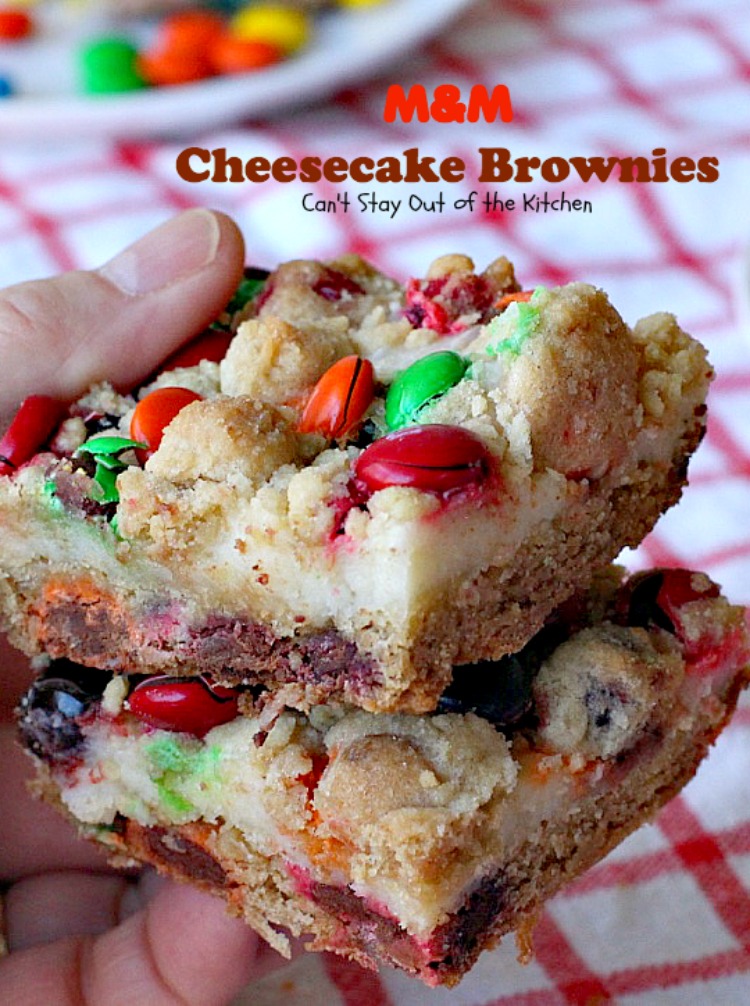 M&M Cheesecake Brownies | Can't Stay Out of the Kitchen | this fantastic #brownie is to die for! A luscious #cheesecake layer is sandwiched between 2 layers of M&M #cookiedough and topped with more #M&Ms. Absolutely divine! #dessert