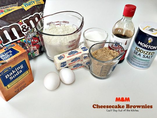 M&M Cheesecake Brownies | Can't Stay Out of the Kitchen | this fantastic #brownie is to die for! A luscious #cheesecake layer is sandwiched between 2 layers of M&M #cookiedough and topped with more #M&Ms. Absolutely divine! #dessert