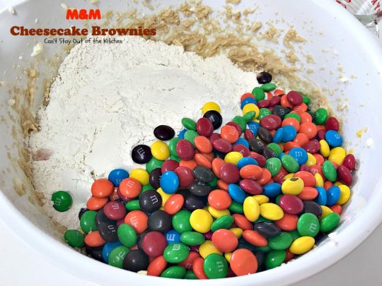M&M Cheesecake Brownies | Can't Stay Out of the Kitchen | this fantastic #brownie is to die for! A luscious #cheesecake layer is sandwiched between 2 layers of M&M #cookiedough and topped with more #M&Ms. Absolutely divine! #dessert