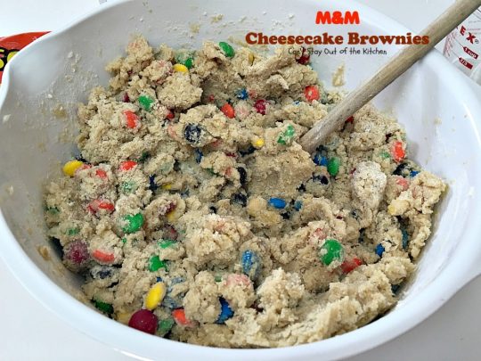 M&M Cheesecake Brownies | Can't Stay Out of the Kitchen | this fantastic #brownie is to die for! A luscious #cheesecake layer is sandwiched between 2 layers of M&M #cookiedough and topped with more #M&Ms. Absolutely divine! #dessert