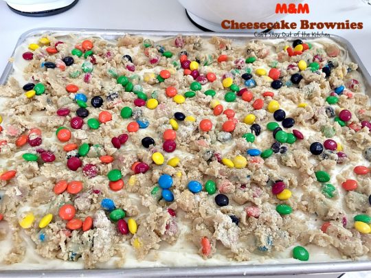 M&M Cheesecake Brownies | Can't Stay Out of the Kitchen | this fantastic #brownie is to die for! A luscious #cheesecake layer is sandwiched between 2 layers of M&M #cookiedough and topped with more #M&Ms. Absolutely divine! #dessert